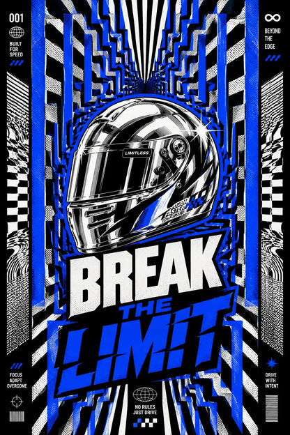 Example output from the Kinetic Opart Quote Posters ChatGPT prompt: a blue op-art poster reading Break The Limit, with a chrome racing helmet inside a converging striped tunnel.