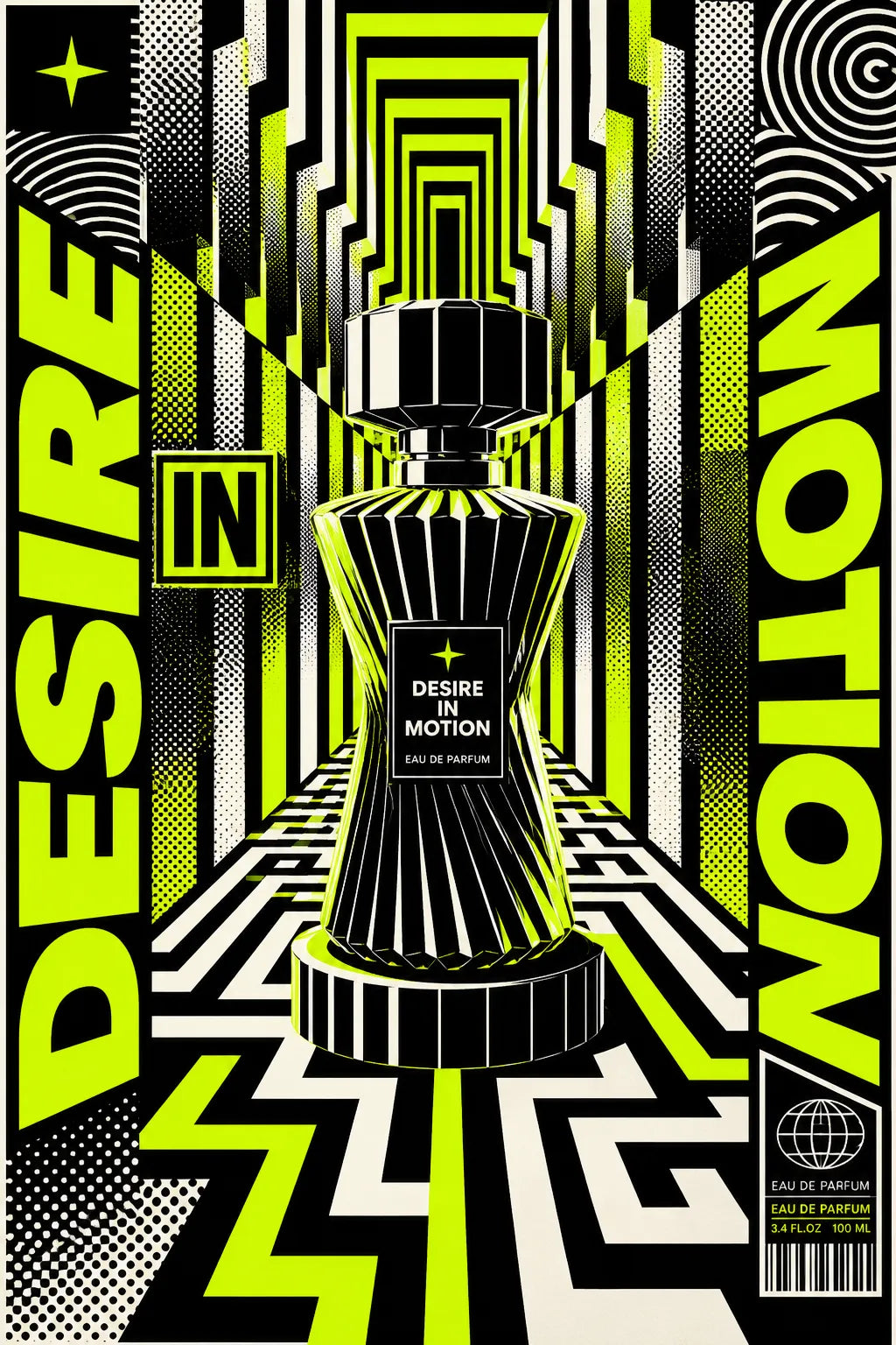 Example output from the Kinetic Opart Quote Posters ChatGPT prompt: a lime green op-art poster reading Desire In Motion, with a perfume bottle framed by zigzag optical patterning.