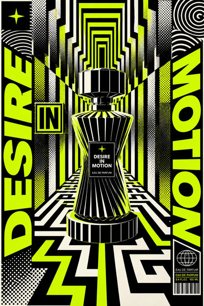 Example output from the Kinetic Opart Quote Posters ChatGPT prompt: a lime green op-art poster reading Desire In Motion, with a perfume bottle framed by zigzag optical patterning.