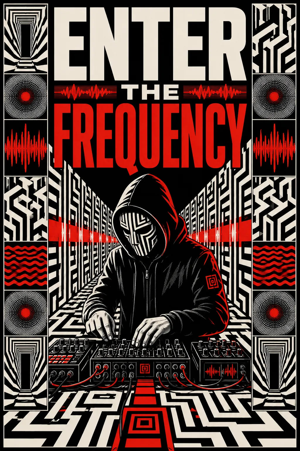 Example output from the Kinetic Opart Quote Posters ChatGPT prompt: a red and black op-art poster reading Enter The Frequency, with a hooded figure at a mixing desk inside a maze of geometry.
