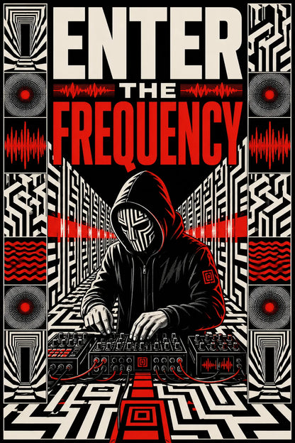Example output from the Kinetic Opart Quote Posters ChatGPT prompt: a red and black op-art poster reading Enter The Frequency, with a hooded figure at a mixing desk inside a maze of geometry.