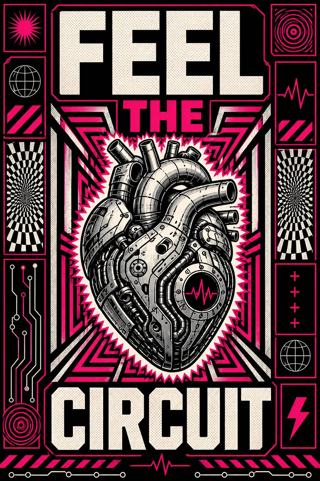 Example output from the Kinetic Opart Quote Posters ChatGPT prompt: a pink and black op-art poster reading Feel The Circuit, with an anatomical heart rendered as circuitry inside optical patterning.
