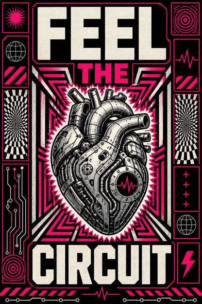 Example output from the Kinetic Opart Quote Posters ChatGPT prompt: a pink and black op-art poster reading Feel The Circuit, with an anatomical heart rendered as circuitry inside optical patterning.
