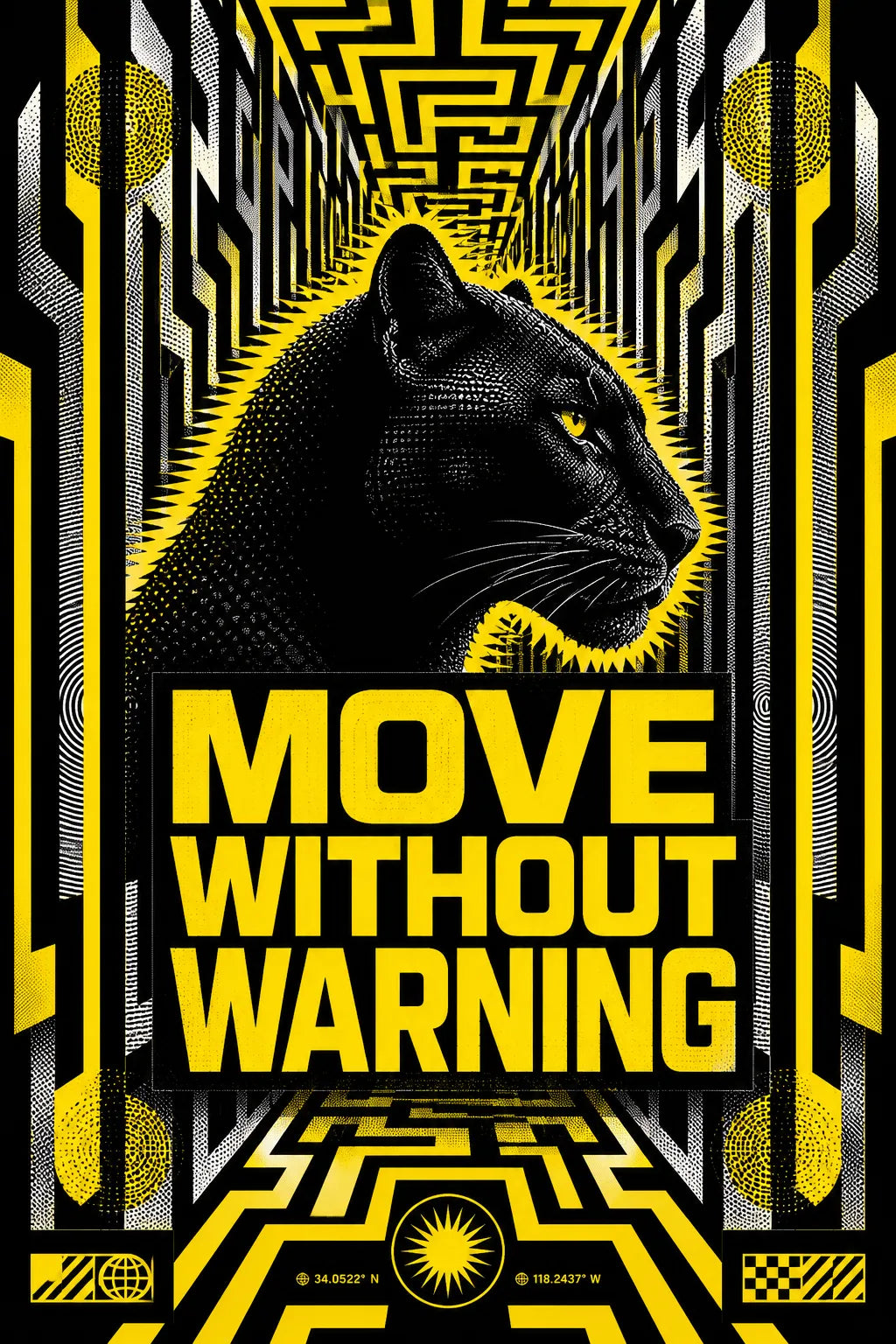 Example output from the Kinetic Opart Quote Posters ChatGPT prompt: an op-art poster reading Move Without Warning, with tessellated geometry, moire and halftone textures in a vertical print-ready layout.