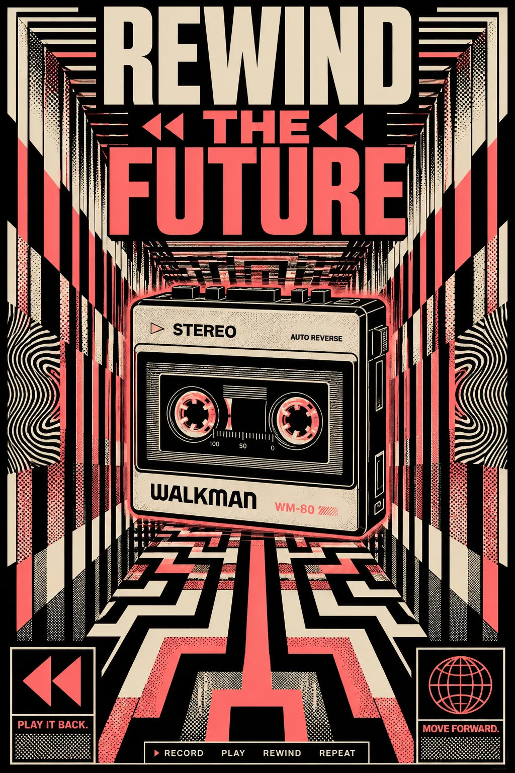 Example output from the Kinetic Opart Quote Posters ChatGPT prompt: a red op-art poster reading Rewind The Future, with a cassette walkman floating in a striped perspective tunnel.