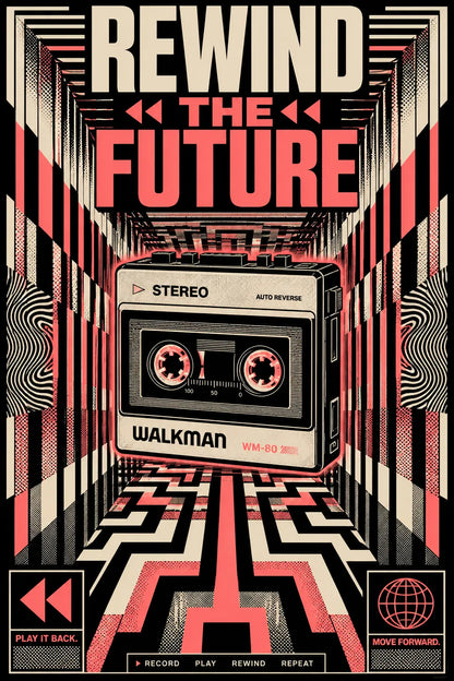 Example output from the Kinetic Opart Quote Posters ChatGPT prompt: a red op-art poster reading Rewind The Future, with a cassette walkman floating in a striped perspective tunnel.
