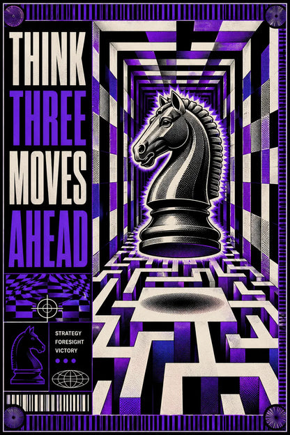 Example output from the Kinetic Opart Quote Posters ChatGPT prompt: an op-art poster reading Think Three Moves Ahead, with tessellated geometry, moire and halftone textures in a vertical print-ready layout.