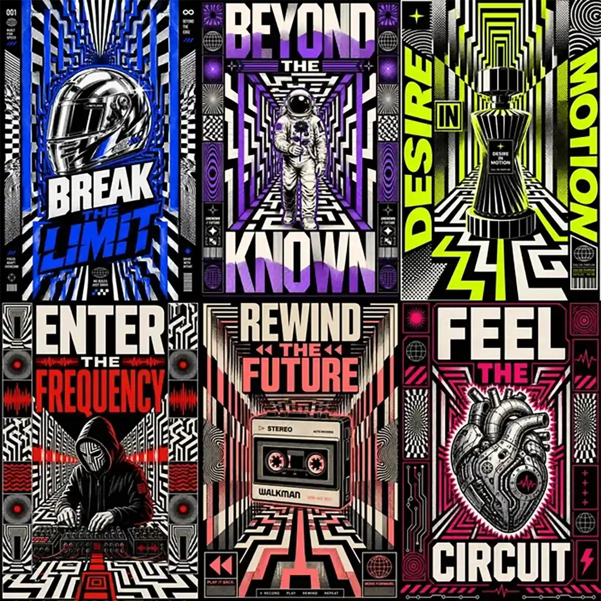 Example output from the Kinetic Opart Quote Posters ChatGPT prompt: a six-poster grid of op-art quote posters where subjects sit inside tunnels of tessellated geometry and moire striping, in blue, purple, lime, red and pink colorways.