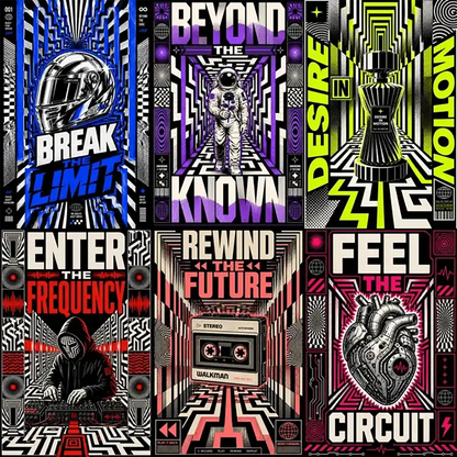 Example output from the Kinetic Opart Quote Posters ChatGPT prompt: a six-poster grid of op-art quote posters where subjects sit inside tunnels of tessellated geometry and moire striping, in blue, purple, lime, red and pink colorways.