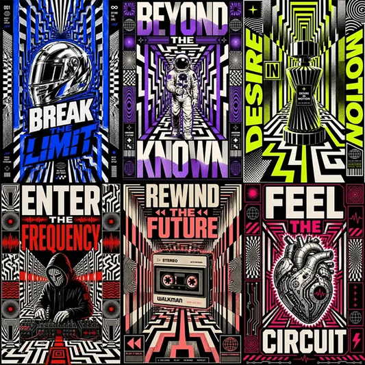 Example output from the Kinetic Opart Quote Posters ChatGPT prompt: a six-poster grid of op-art quote posters where subjects sit inside tunnels of tessellated geometry and moire striping, in blue, purple, lime, red and pink colorways.
