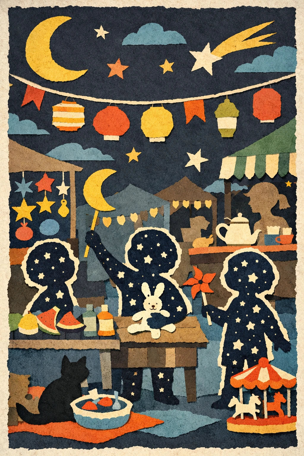 Example output from the Layered Paper Collage Designs ChatGPT prompt: a layered paper-cut scene of children at a lantern-lit night market with star-patterned clothing and a cat in the foreground.