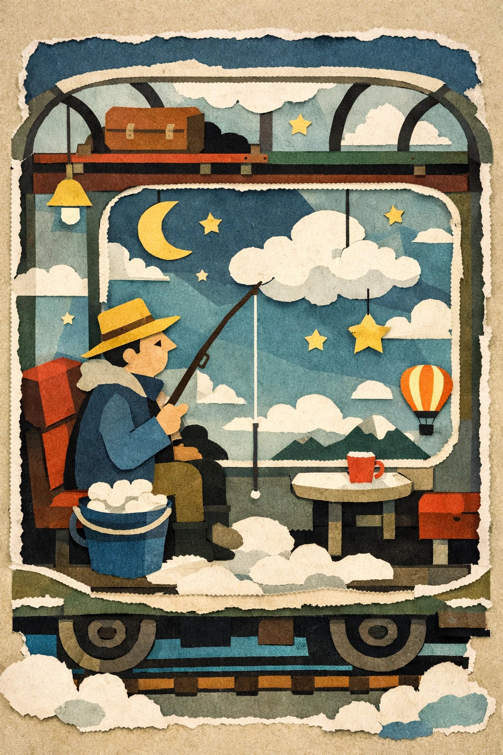 Example output from the Layered Paper Collage Designs ChatGPT prompt: a layered paper-cut cloud fisherman scene with torn paper edges, flat matte color and strong depth and contrast.