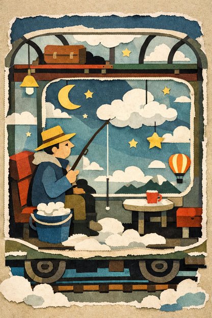 Example output from the Layered Paper Collage Designs ChatGPT prompt: a layered paper-cut cloud fisherman scene with torn paper edges, flat matte color and strong depth and contrast.