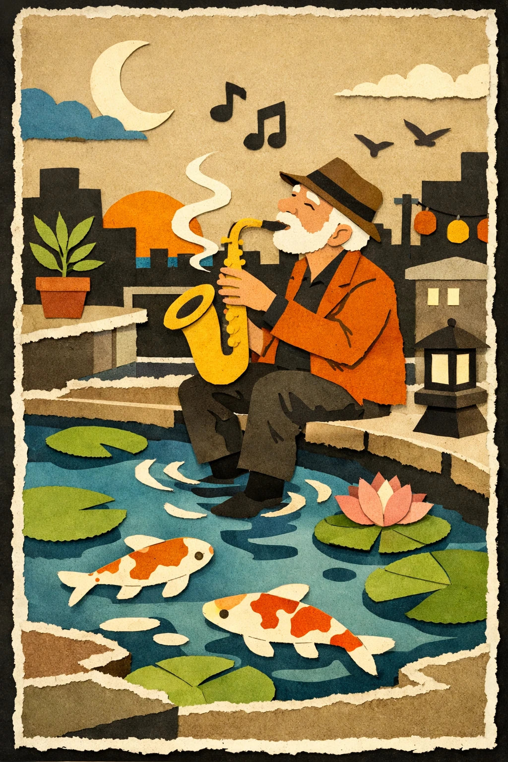 Example output from the Layered Paper Collage Designs ChatGPT prompt: a layered paper-cut scene of an elderly saxophonist playing on a rooftop pond with koi fish and a city skyline behind him.