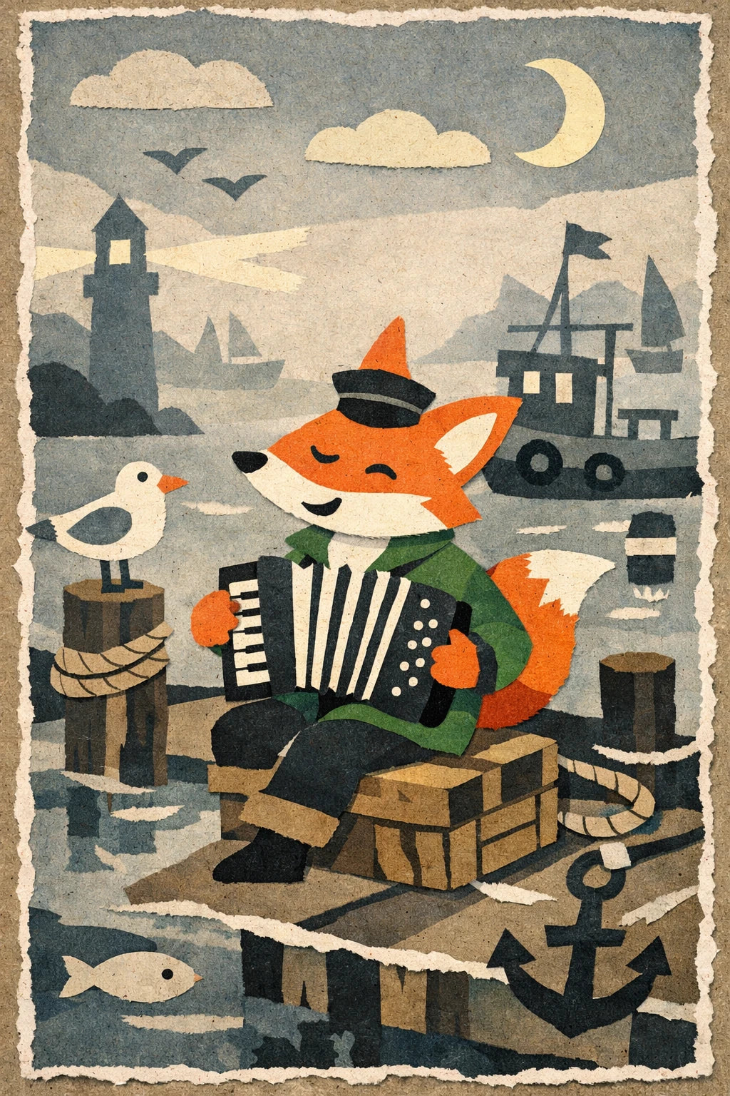 Example output from the Layered Paper Collage Designs ChatGPT prompt: a layered paper-cut scene of a fox in a sailor cap playing an accordion on a harbour dock beside a seagull.