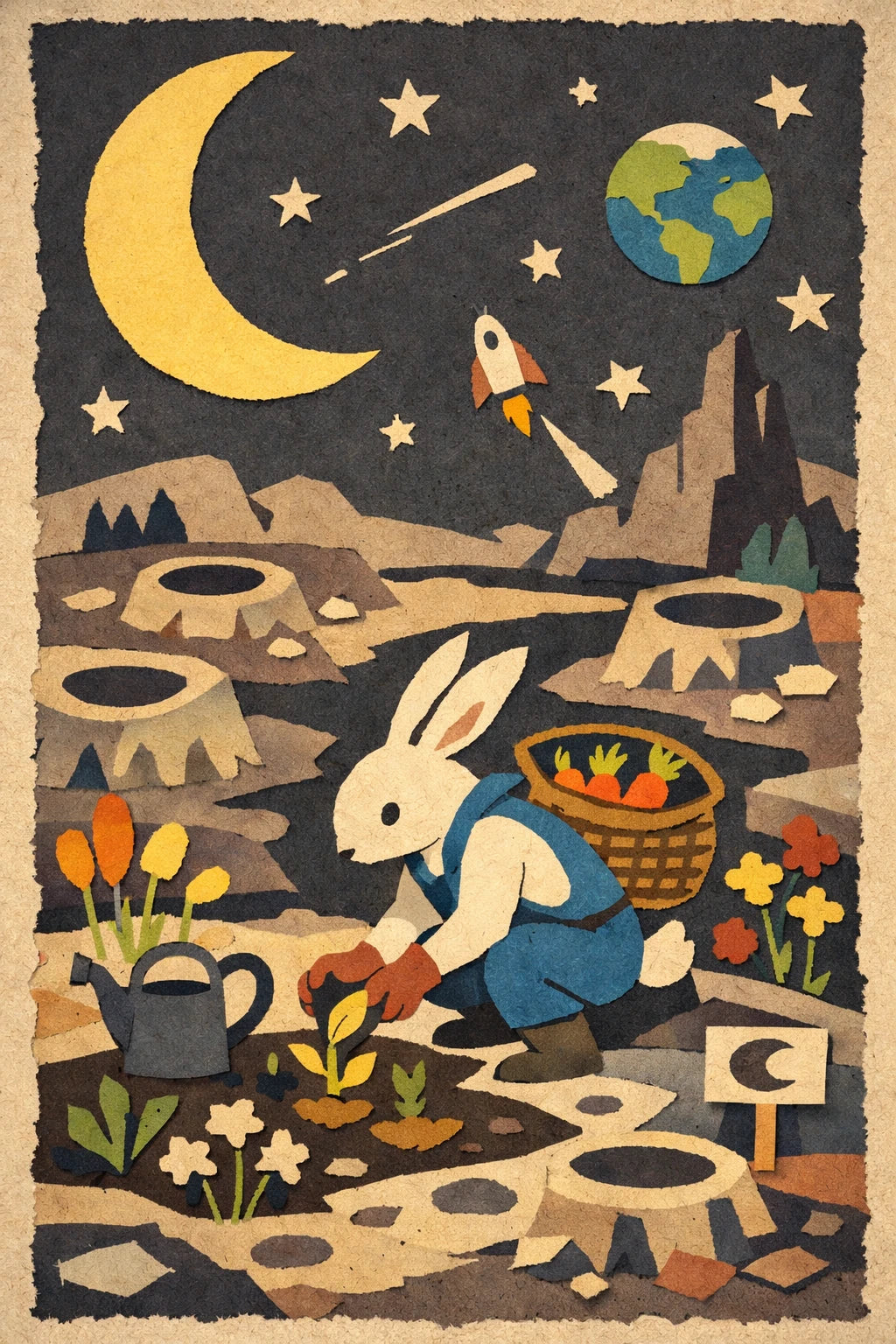 Example output from the Layered Paper Collage Designs ChatGPT prompt: a layered paper-cut lunar gardener scene with torn paper edges, flat matte color and strong depth and contrast.