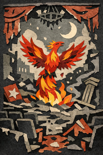 Example output from the Layered Paper Collage Designs ChatGPT prompt: a layered paper-cut scene of a phoenix rising in flame from cracked grey rubble under a crescent moon.