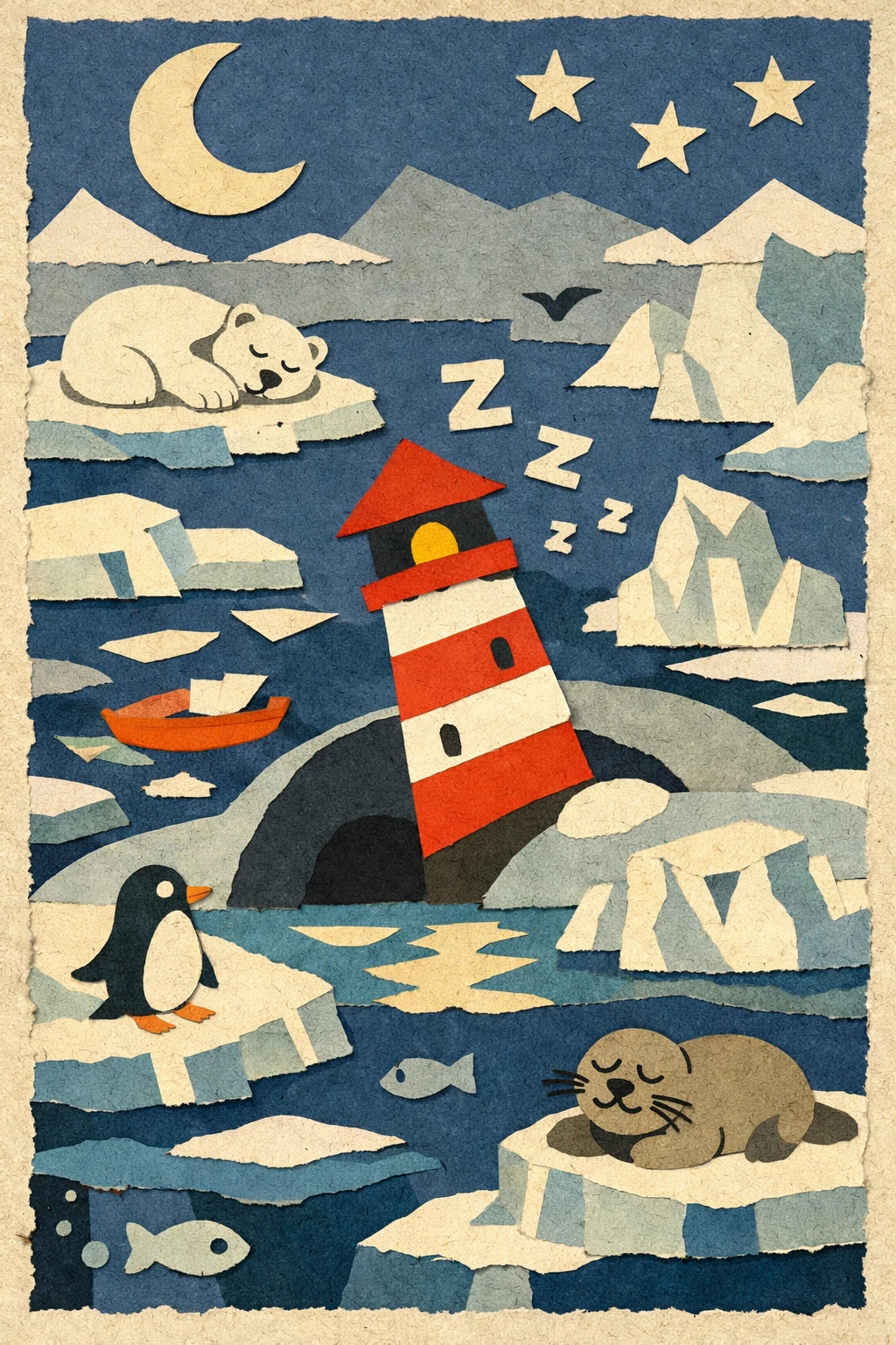 Example output from the Layered Paper Collage Designs ChatGPT prompt: a layered paper-cut scene of a red and white lighthouse among icebergs, with a sleeping polar bear, a penguin and a seal under a crescent moon.
