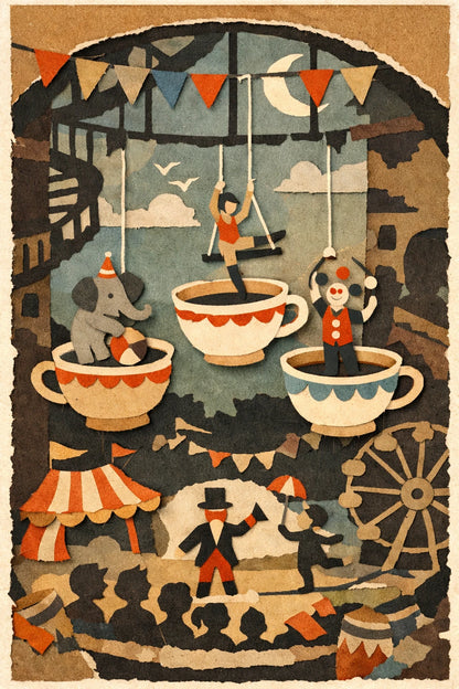 Example output from the Layered Paper Collage Designs ChatGPT prompt: a layered paper-cut scene of a teacup circus with acrobats, an elephant and a clown performing inside giant teacups under bunting.