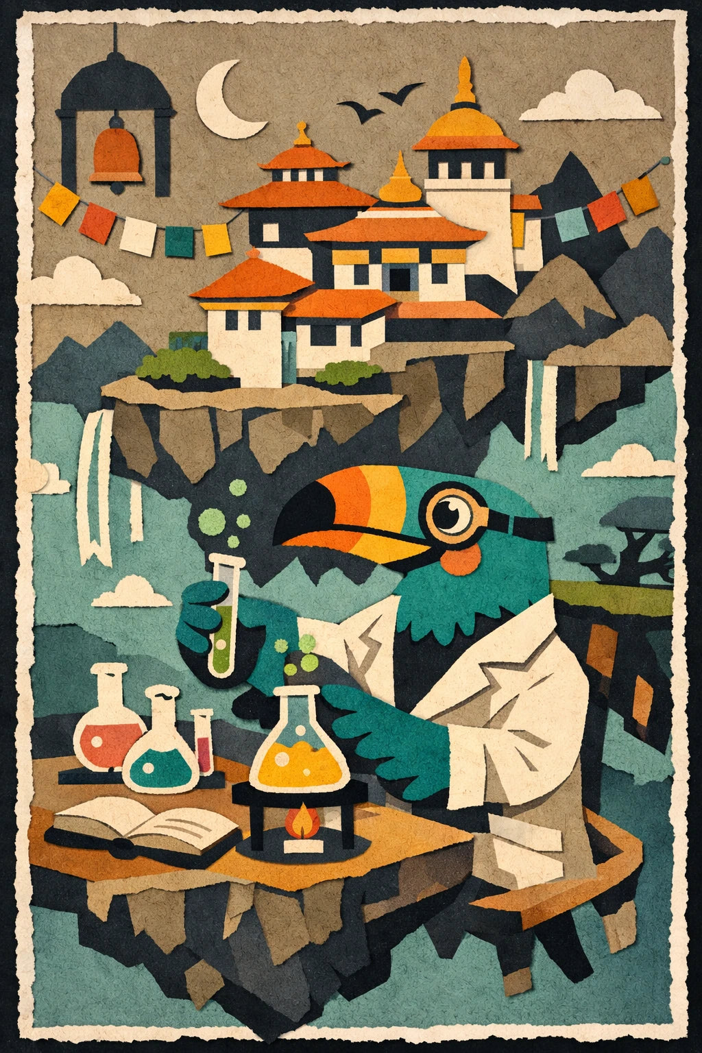 Example output from the Layered Paper Collage Designs ChatGPT prompt: a layered paper-cut toucan chemist scene with torn paper edges, flat matte color and strong depth and contrast.