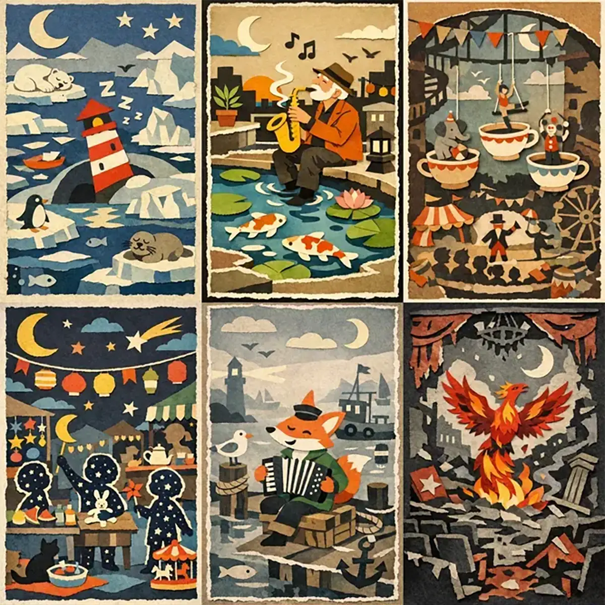 Example output from the Layered Paper Collage Designs ChatGPT prompt: a six-panel grid of layered paper-cut collage scenes with torn edges and flat matte color, showing a polar lighthouse, a rooftop saxophonist, a teacup circus, a night market, a fox accordionist and a rising phoenix.