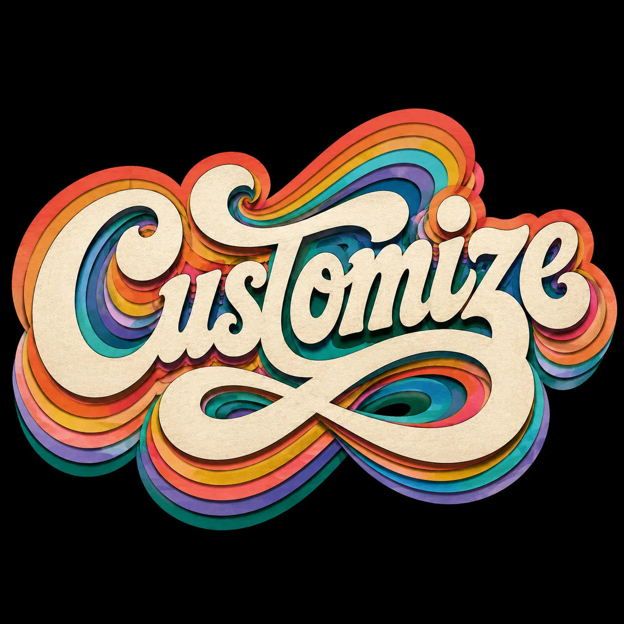 Example output from the Layered Paper Script Lettering ChatGPT prompt: the word Customize in cream retro script with layered rainbow paper-cut shadows on a black background.