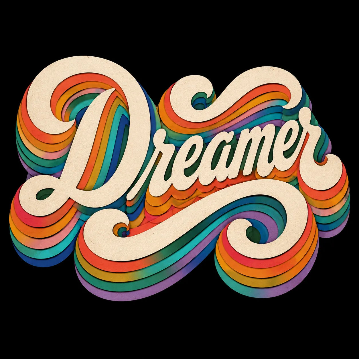 Example output from the Layered Paper Script Lettering ChatGPT prompt: the word Dreamer in cream retro script with layered rainbow paper-cut shadows on a black background.