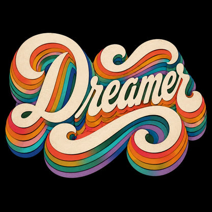 Example output from the Layered Paper Script Lettering ChatGPT prompt: the word Dreamer in cream retro script with layered rainbow paper-cut shadows on a black background.