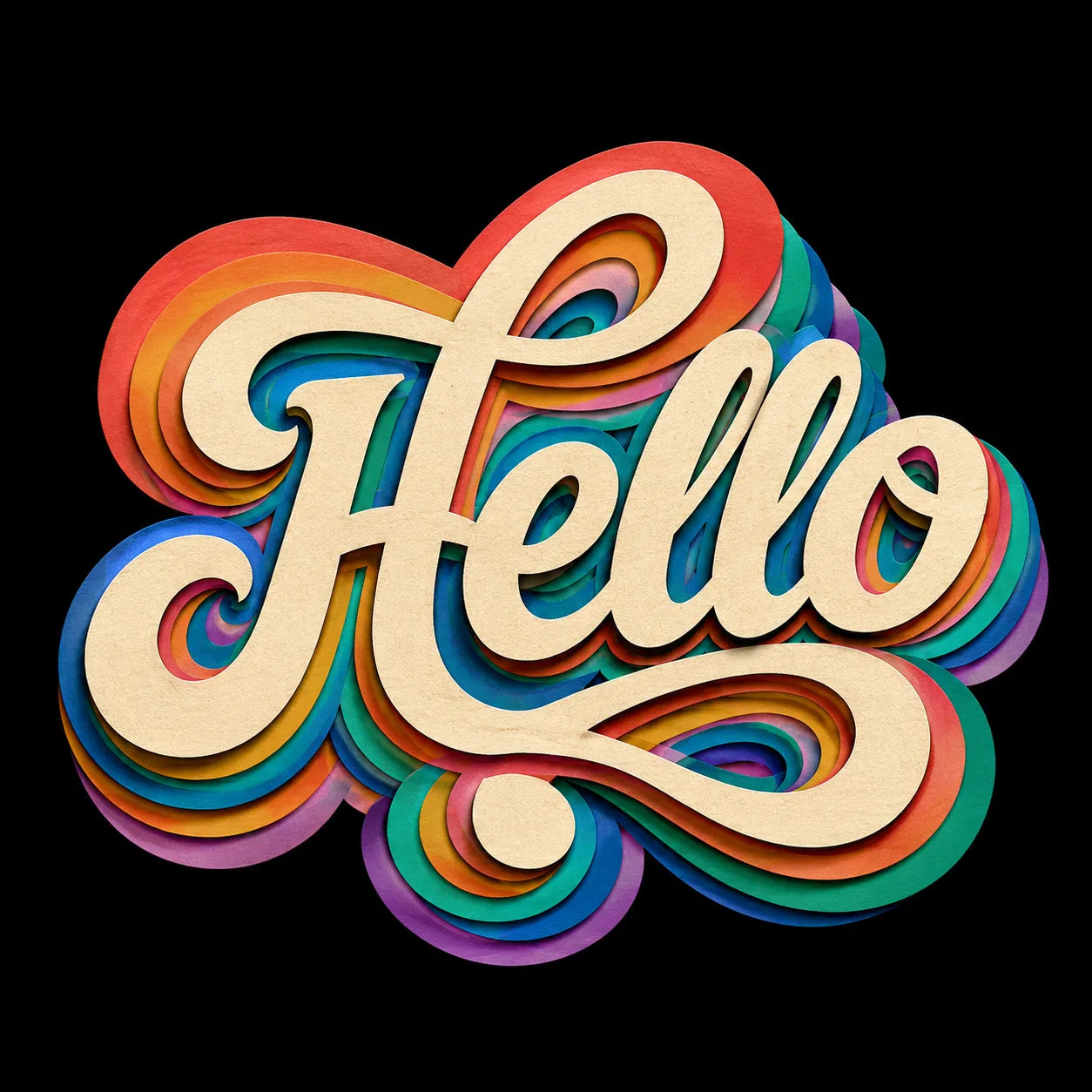 Example output from the Layered Paper Script Lettering ChatGPT prompt: the word Hello in cream retro script with layered rainbow paper-cut shadows on a black background.