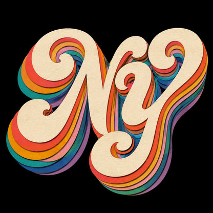 Example output from the Layered Paper Script Lettering ChatGPT prompt: the letters NY in cream retro script with layered rainbow paper-cut shadows on a black background.