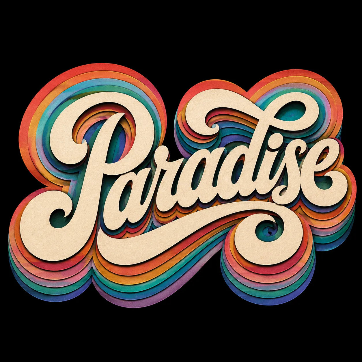 Example output from the Layered Paper Script Lettering ChatGPT prompt: the word Paradise in cream retro script with layered rainbow paper-cut shadows on a black background.