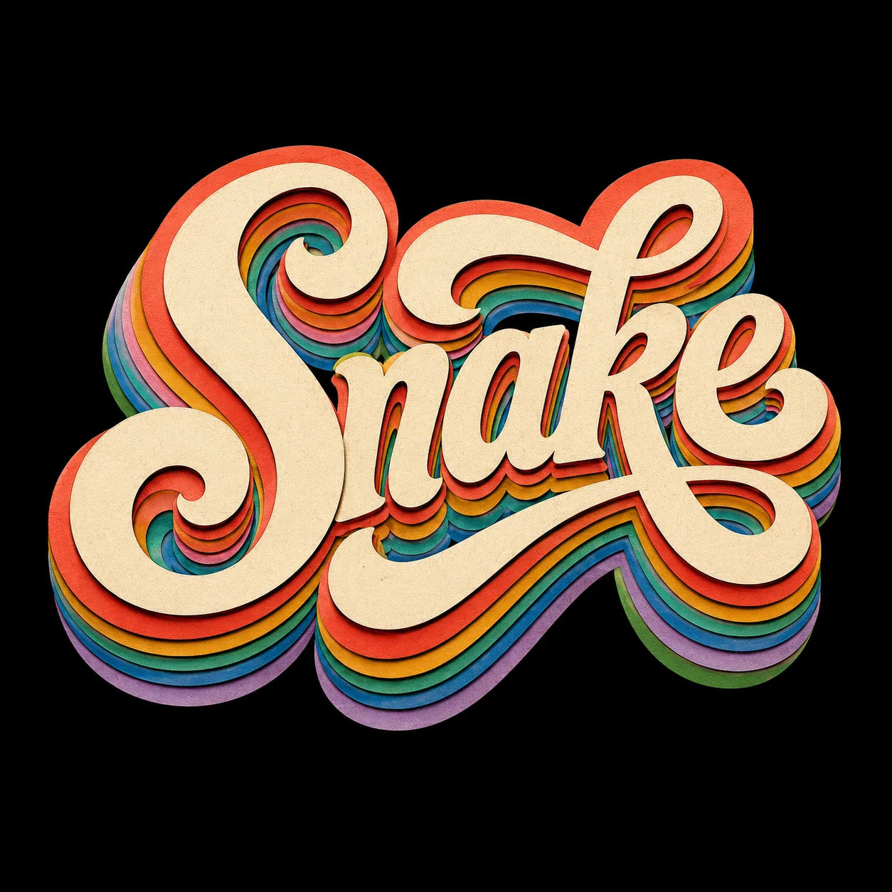 Example output from the Layered Paper Script Lettering ChatGPT prompt: the word Snake in cream retro script with layered rainbow paper-cut shadows on a black background.