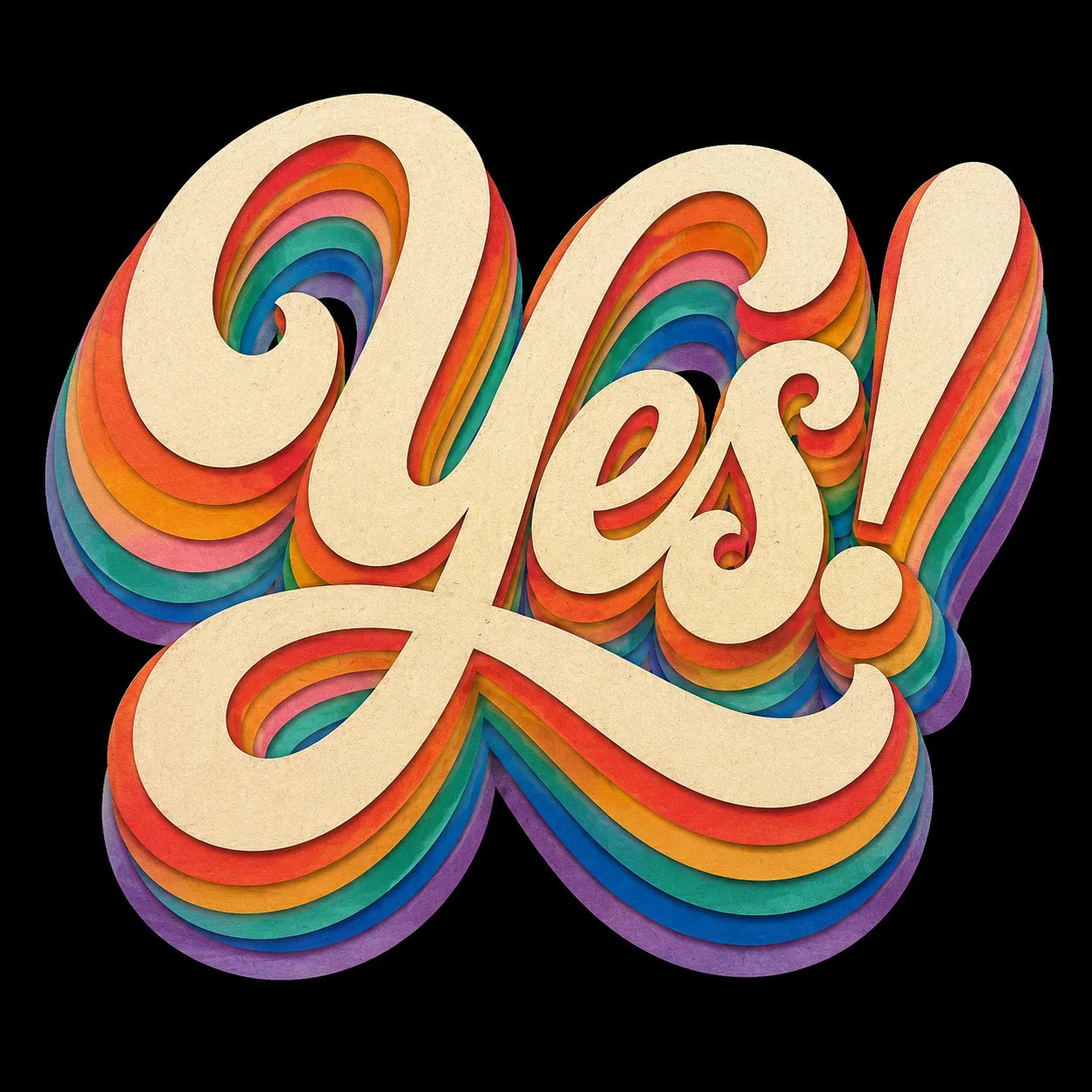 Example output from the Layered Paper Script Lettering ChatGPT prompt: the word Yes with an exclamation mark in cream retro script with layered rainbow paper-cut shadows on black.