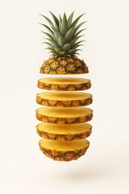 Example output from the Levitating Sliced Fruit Illustration ChatGPT prompt: hyper-realistic fruit. Pineapple.