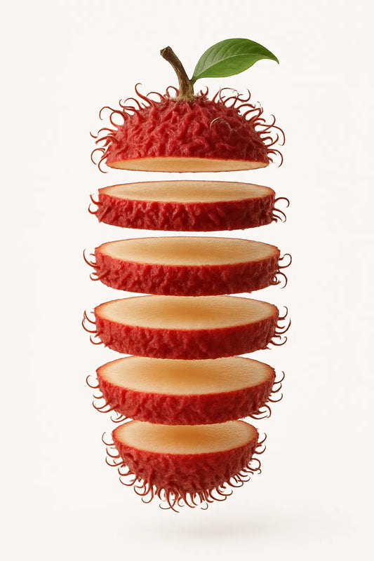 Example output from the Levitating Sliced Fruit Illustration ChatGPT prompt: hyper-realistic fruit. Rambutan.