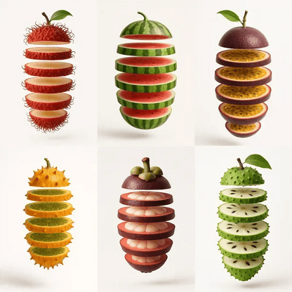 Example output from the Levitating Sliced Fruit Illustration ChatGPT prompt: hyper-realistic fruits like rambutan, watermelon, and passionfruit sliced into floating layers against a white backdrop with soft shadows and vivid detail.