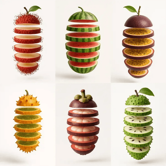 Example output from the Levitating Sliced Fruit Illustration ChatGPT prompt: hyper-realistic fruits like rambutan, watermelon, and passionfruit sliced into floating layers against a white backdrop with soft shadows and vivid detail.
