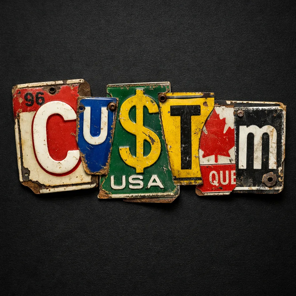 Typography collage made from vintage license plate fragments forming bold word on a dark background: Custom