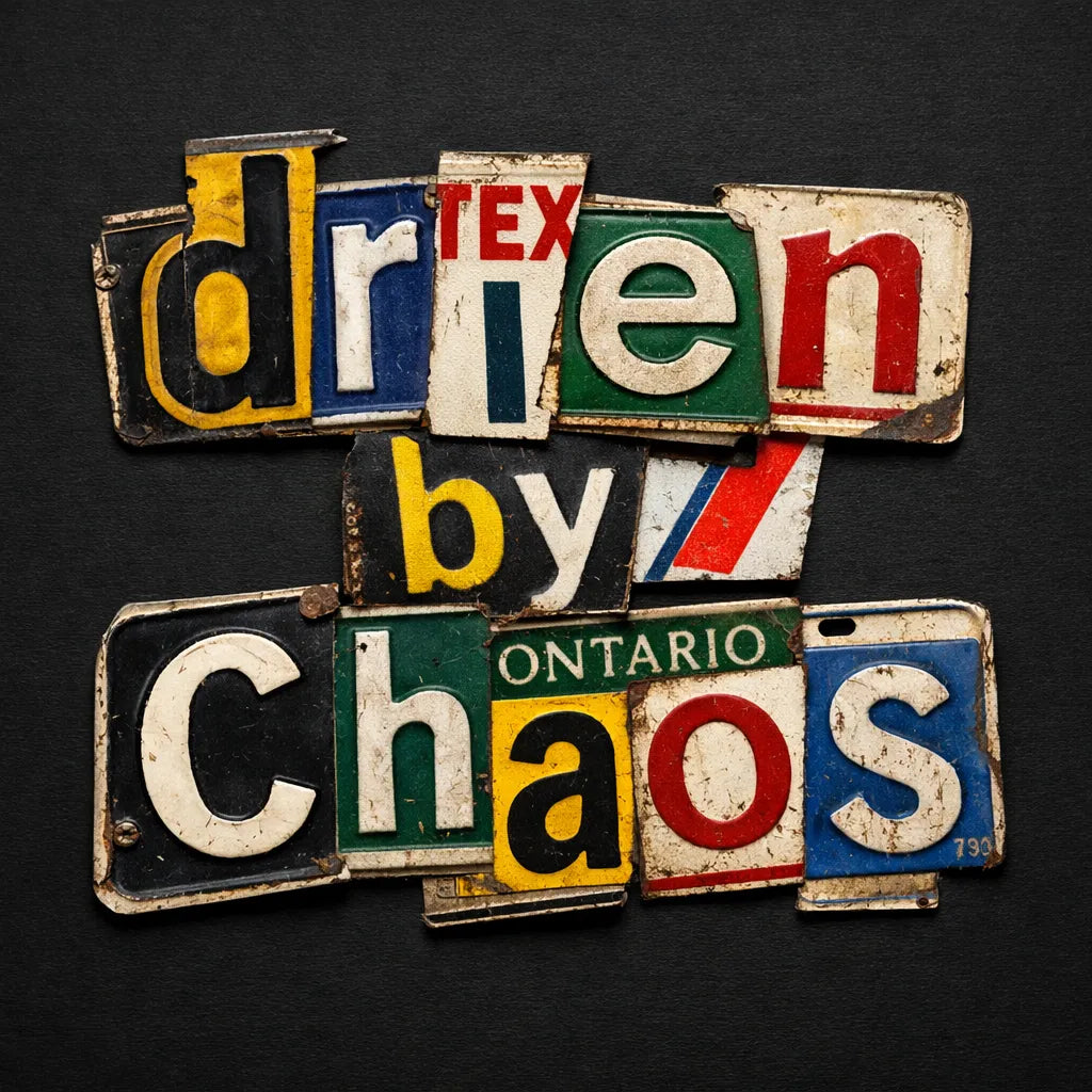 Typography collage made from vintage license plate fragments forming bold word on a dark background: Driven by Chaos