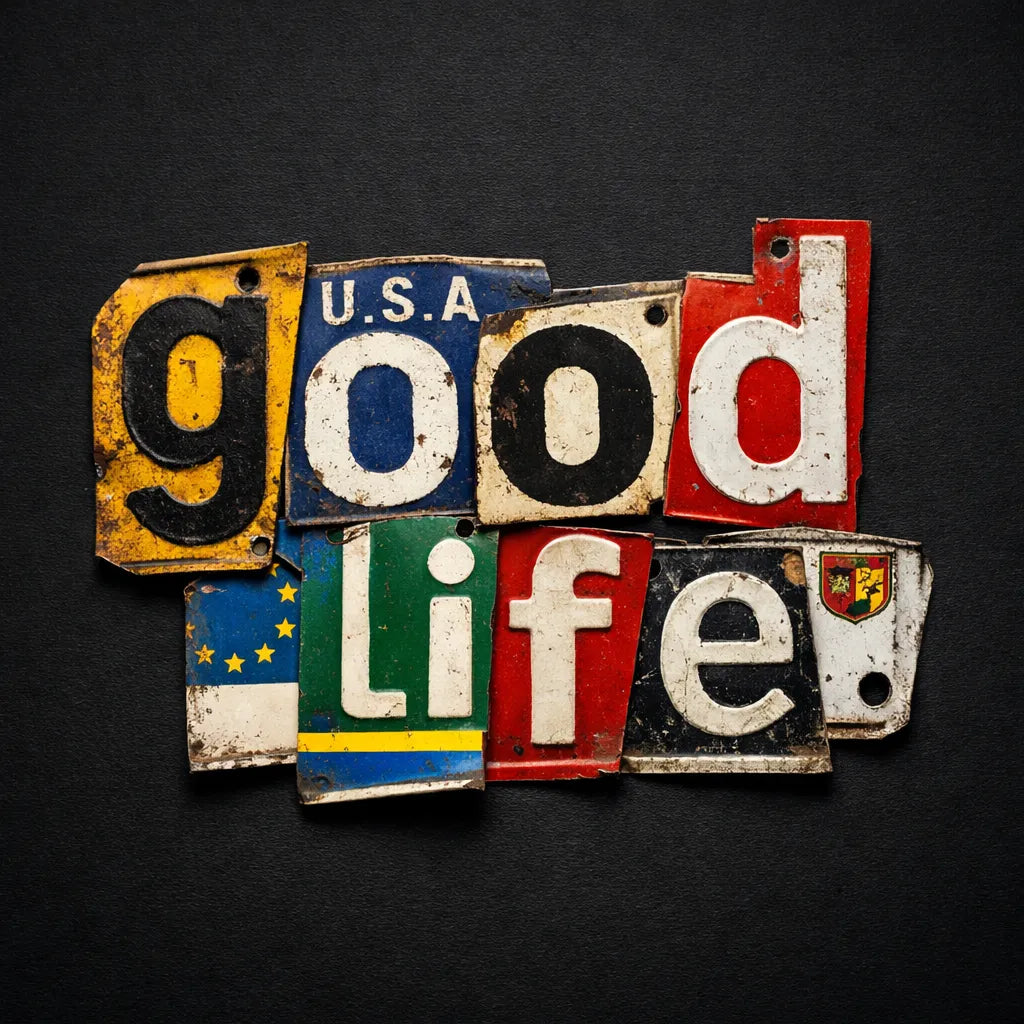 Typography collage made from vintage license plate fragments forming bold word on a dark background: good life