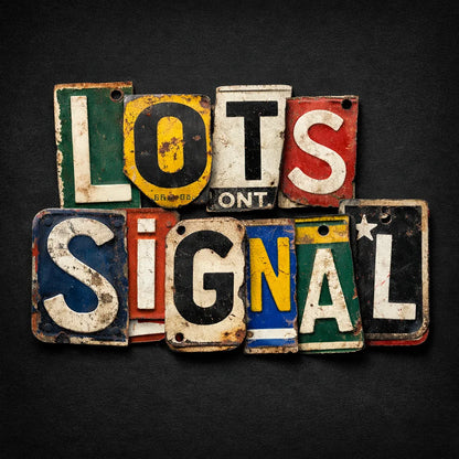 Typography collage made from vintage license plate fragments forming bold word on a dark background: LOST SIGNAL