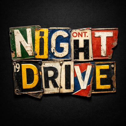 Typography collage made from vintage license plate fragments forming bold word on a dark background: NIGHT DRIVE
