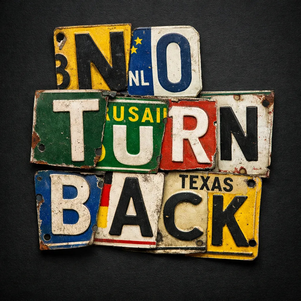 Typography collage made from vintage license plate fragments forming bold word on a dark background: NO TURN BACK