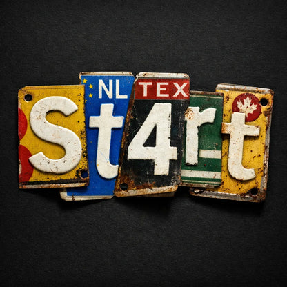 Typography collage made from vintage license plate fragments forming bold word on a dark background: St4rt