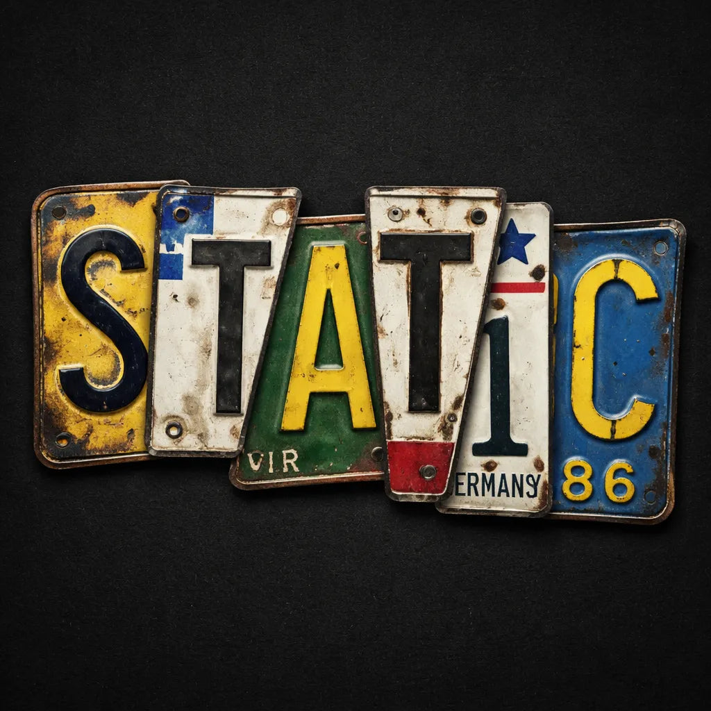 Typography collage made from vintage license plate fragments forming bold word on a dark background: Static