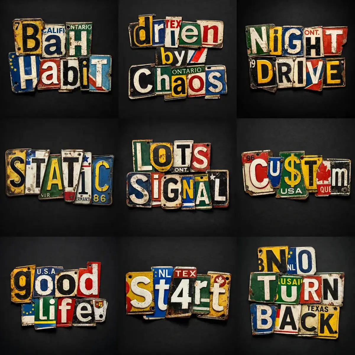 Typography collage made from vintage license plate fragments forming bold words on a dark background
