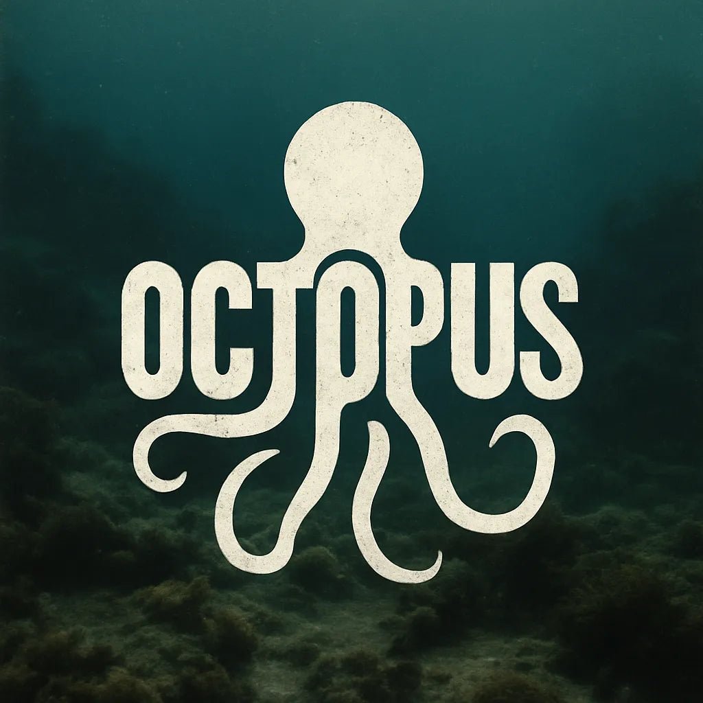 Example output from the Logo Ready Animal Word Shapes ChatGPT prompt: typographic animal silhouettes made from the letters of their names. Octopus.