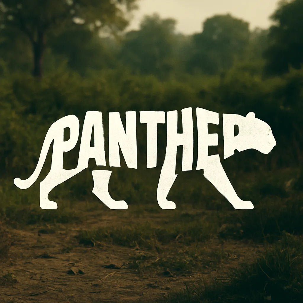 Example output from the Logo Ready Animal Word Shapes ChatGPT prompt: typographic animal silhouettes made from the letters of their names. Panther.