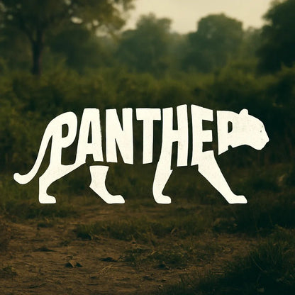 Example output from the Logo Ready Animal Word Shapes ChatGPT prompt: typographic animal silhouettes made from the letters of their names. Panther.