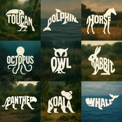 Example output from the Logo Ready Animal Word Shapes ChatGPT prompt: typographic animal silhouettes made from the letters of their names, featuring minimalist shapes, soft blurred nature backgrounds, and cinematic logo-ready styling.